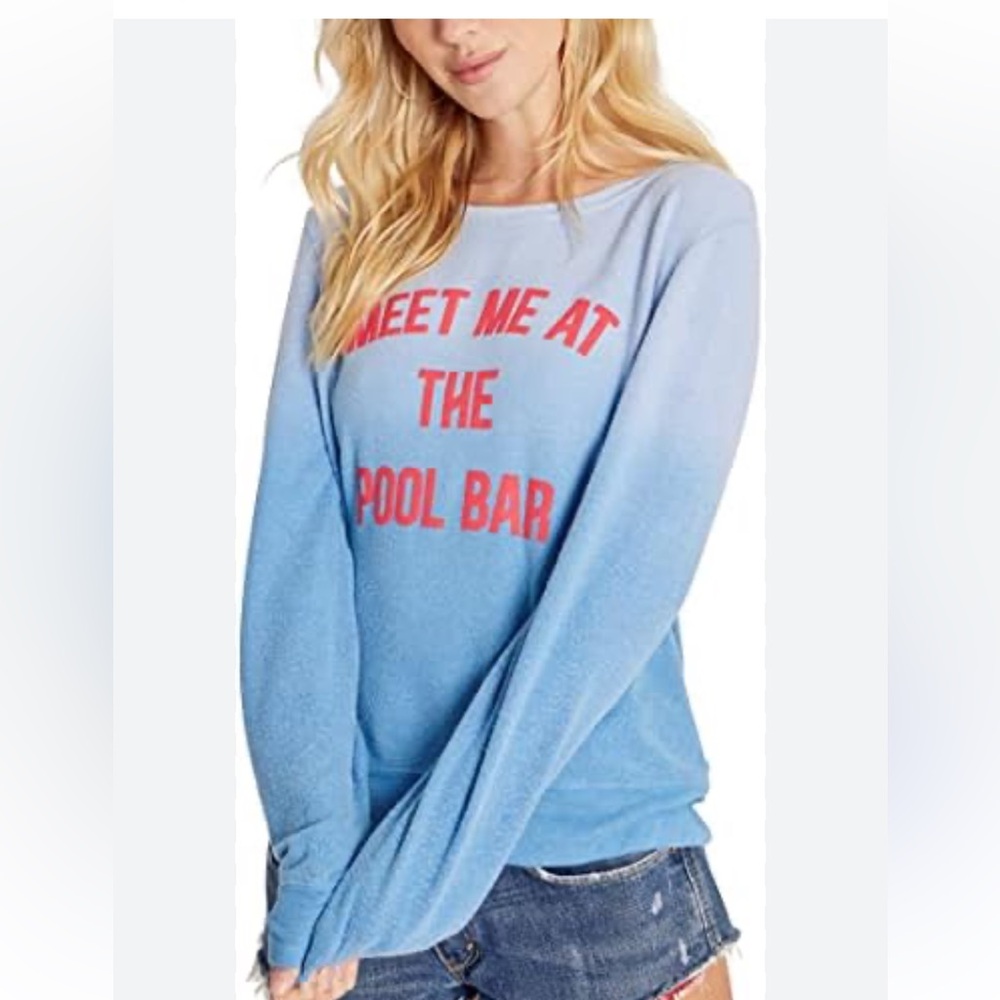Wildfox Light Blue Sweatshirt with Pink Text "Meet Me At The Pool Bar"